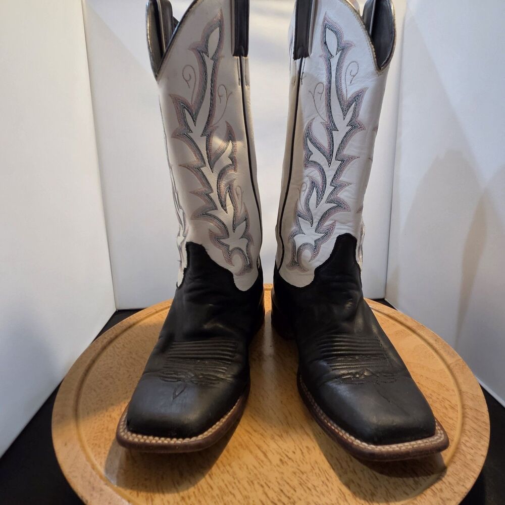 Vintage Justin Cowboy Boots Mens 8.5 D Black White Leather USA Made Western